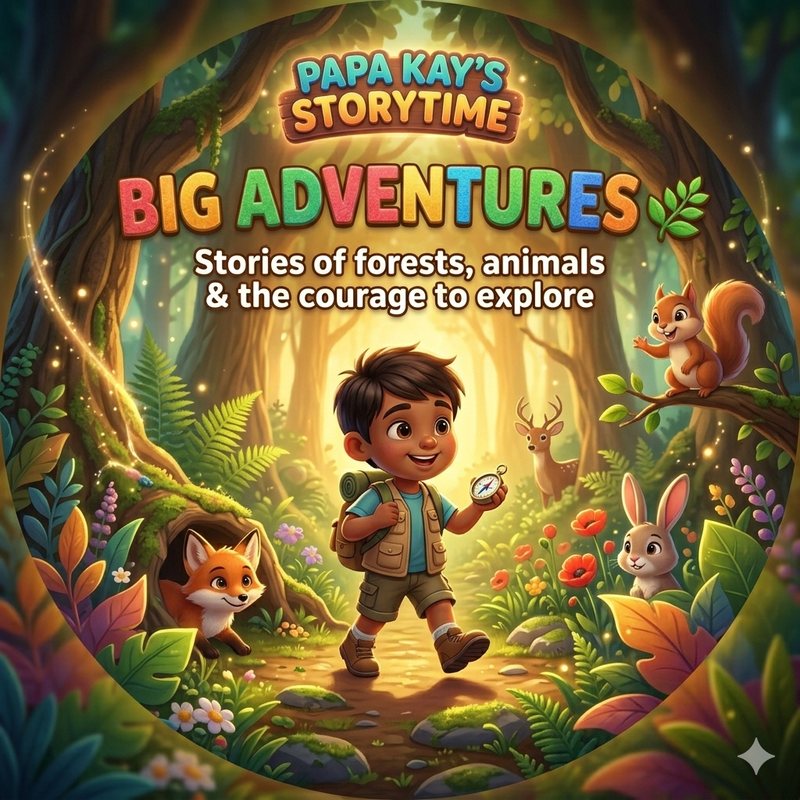 Theme artwork: a young explorer with a compass walking a forest trail with a fox, squirrel, rabbit and deer