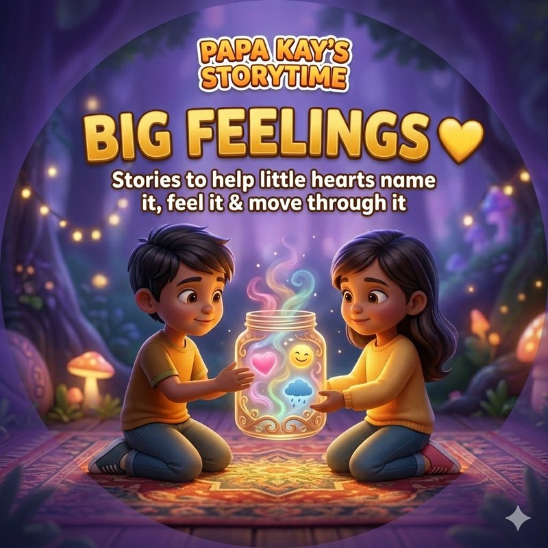 Theme artwork: two children sharing a glowing jar of feelings on a rug in a twilight forest