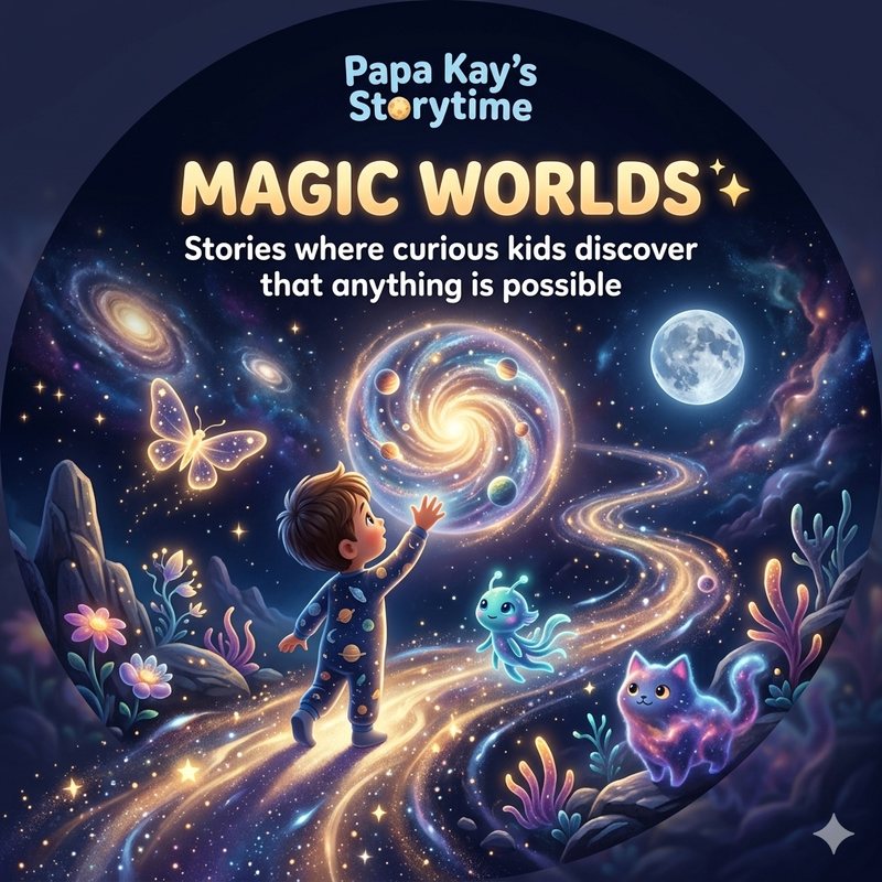 Theme artwork: a child in starry pajamas reaching for a swirling galaxy beside glowing space creatures